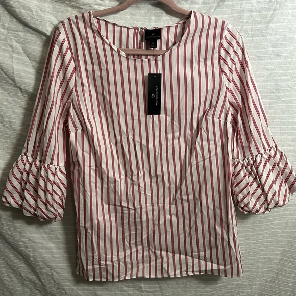 Worthington Women’s Blouse Red/White Striped Cotton Blend 3/4 Sleeves Shirt Sz M - Picture 1 of 6